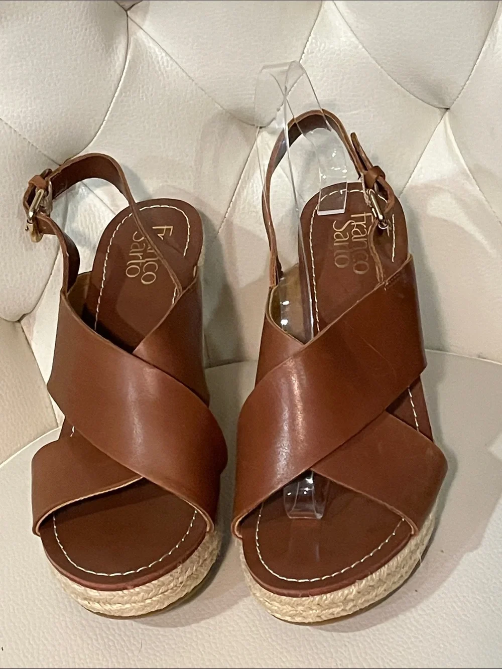 Franco Sarto Tan Brown Leather Sandals Espadrille Wedges Size 8.5